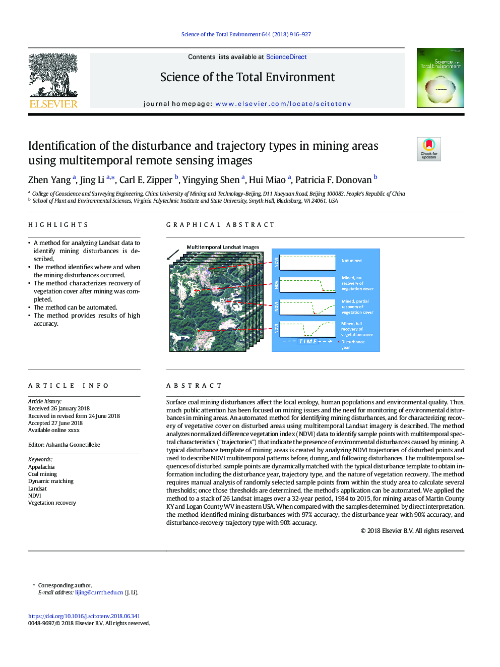 Identification of the disturbance and trajectory types in mining areas using multitemporal remote sensing images