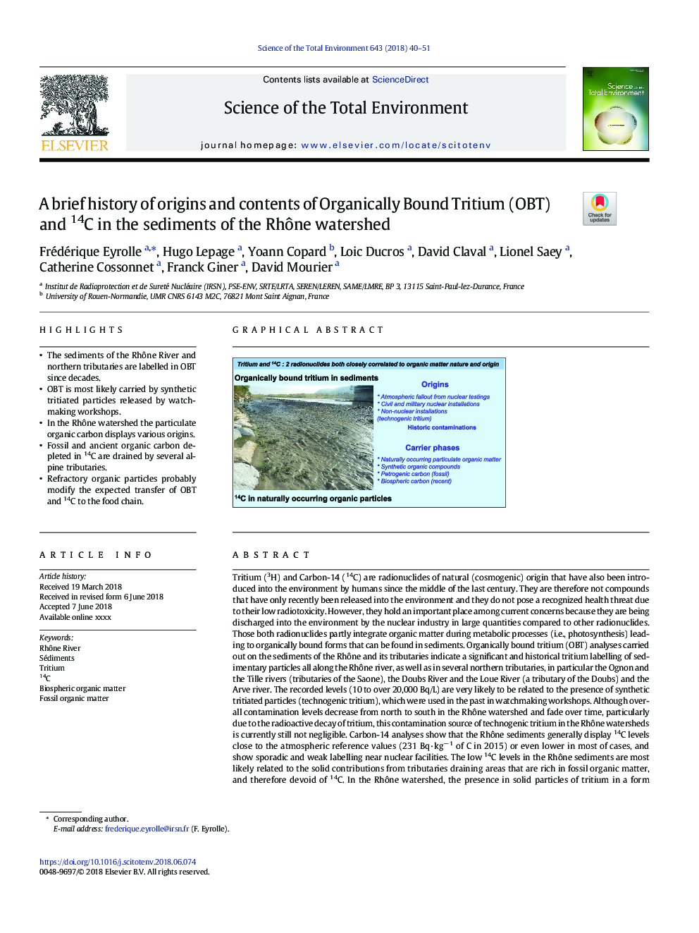 A brief history of origins and contents of Organically Bound Tritium (OBT) and 14C in the sediments of the RhÃ´ne watershed
