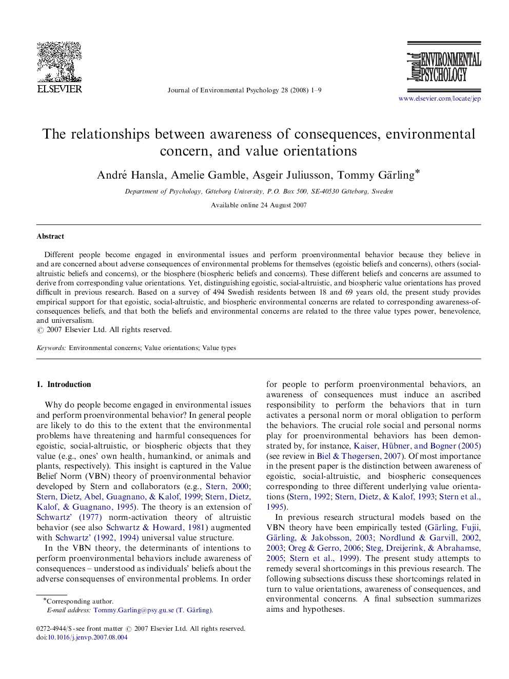 The relationships between awareness of consequences, environmental concern, and value orientations