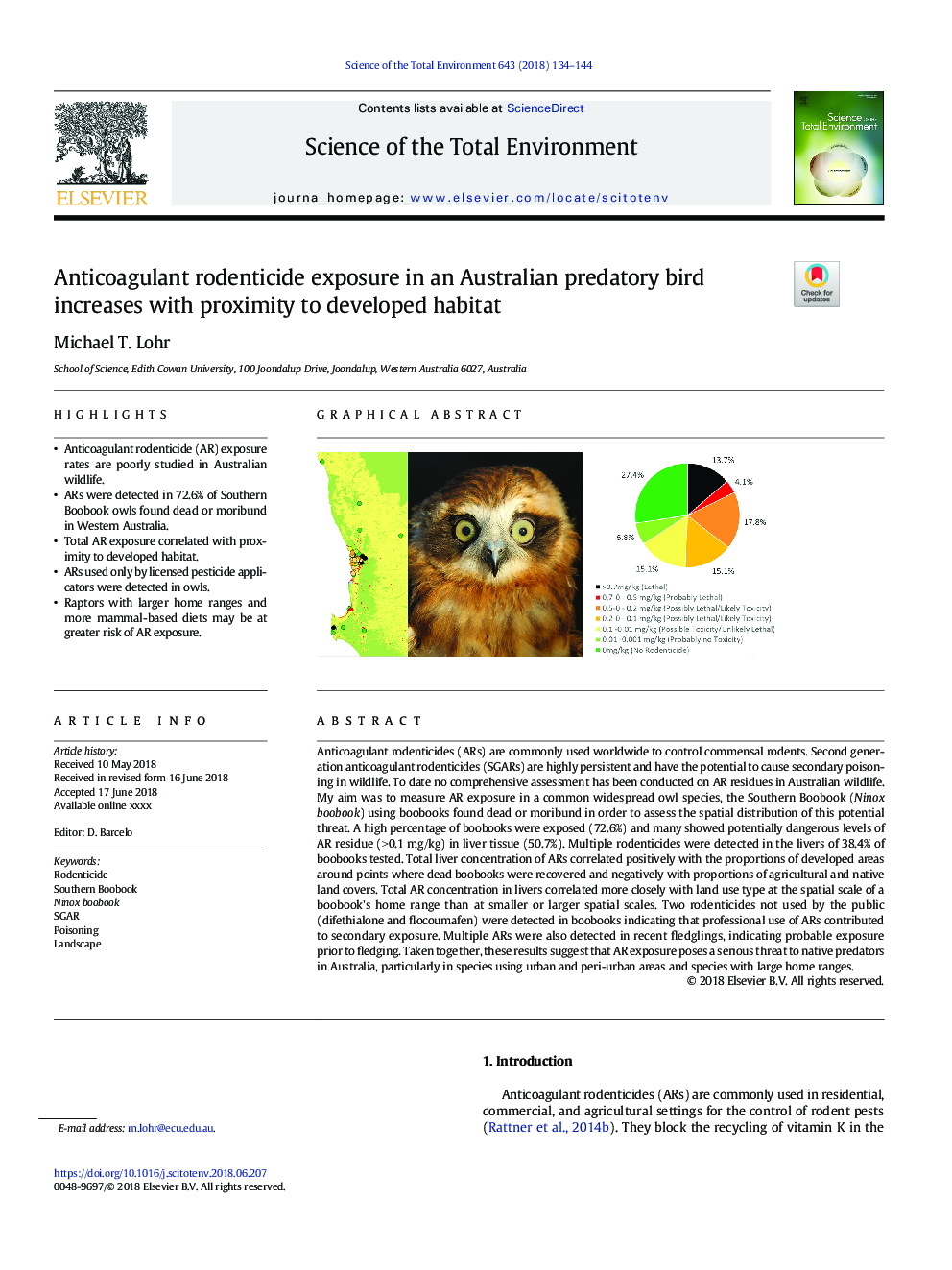 قرار گرفتن در معرض موش صحرایی ضد انعقادی در یک پرنده خرابکار استرالیا با نزدیکی به زیستگاه توسعه یافته 