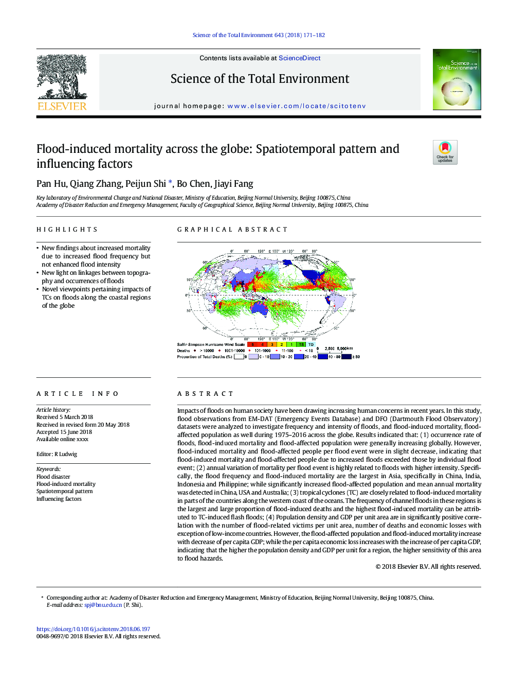 Flood-induced mortality across the globe: Spatiotemporal pattern and influencing factors