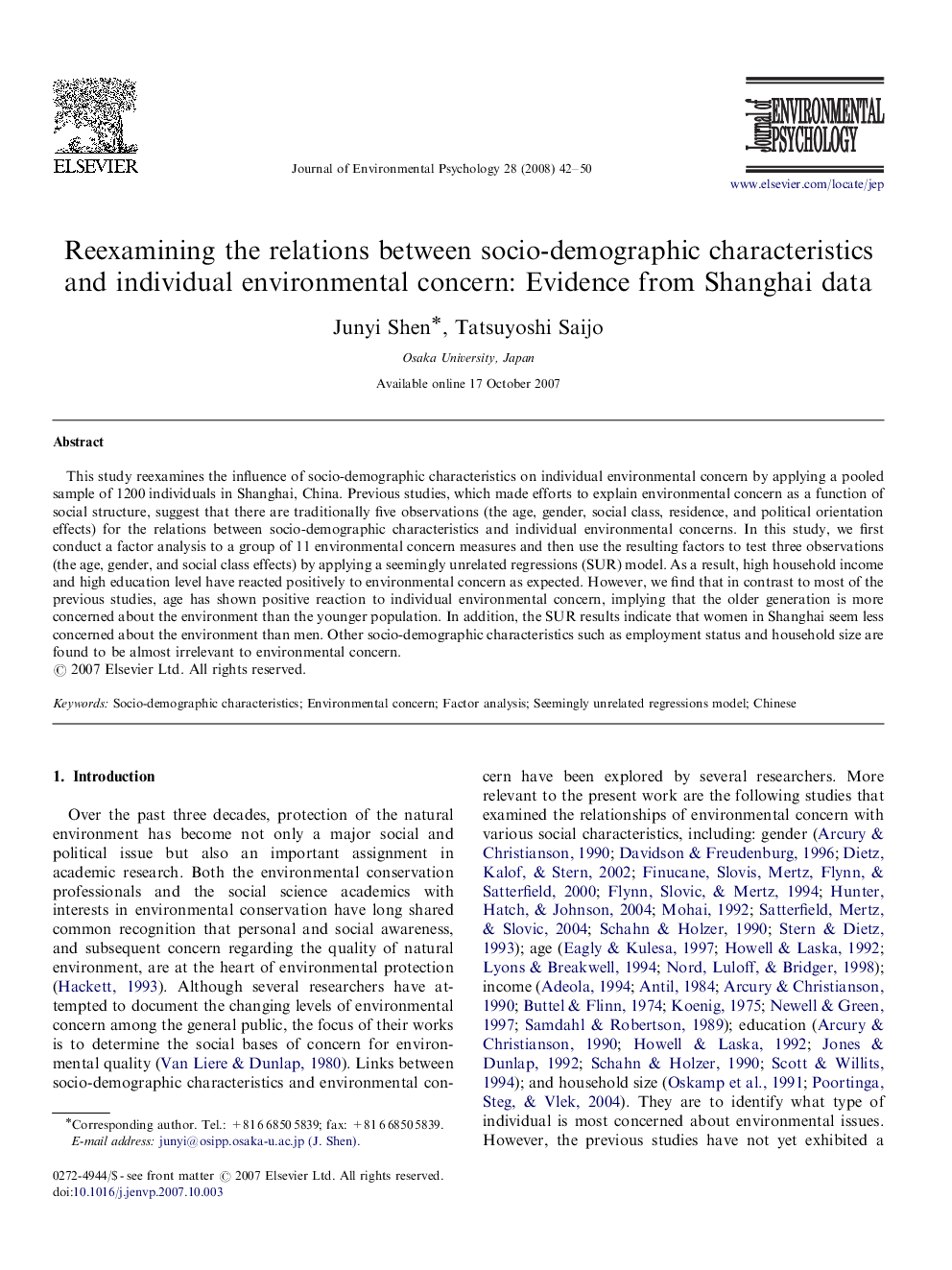 Reexamining the relations between socio-demographic characteristics and individual environmental concern: Evidence from Shanghai data