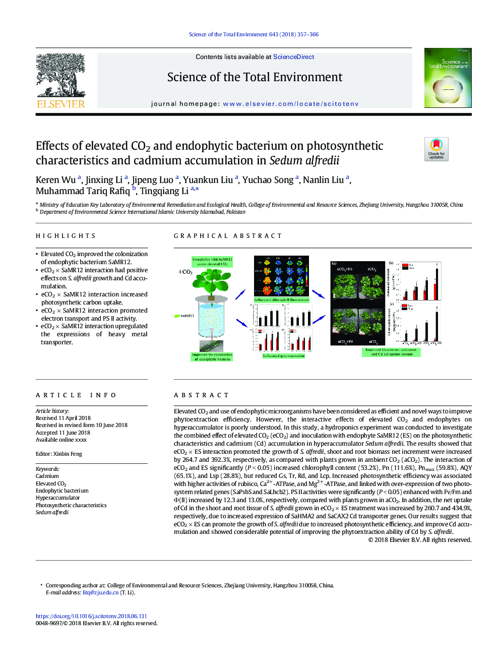 Effects of elevated CO2 and endophytic bacterium on photosynthetic characteristics and cadmium accumulation in Sedum alfredii