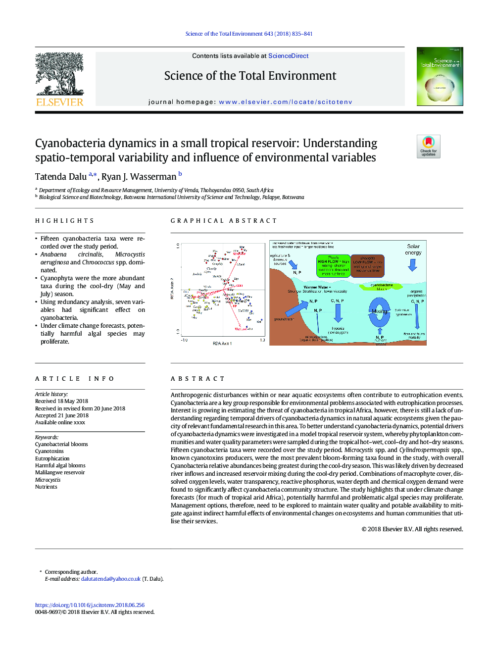 Cyanobacteria dynamics in a small tropical reservoir: Understanding spatio-temporal variability and influence of environmental variables