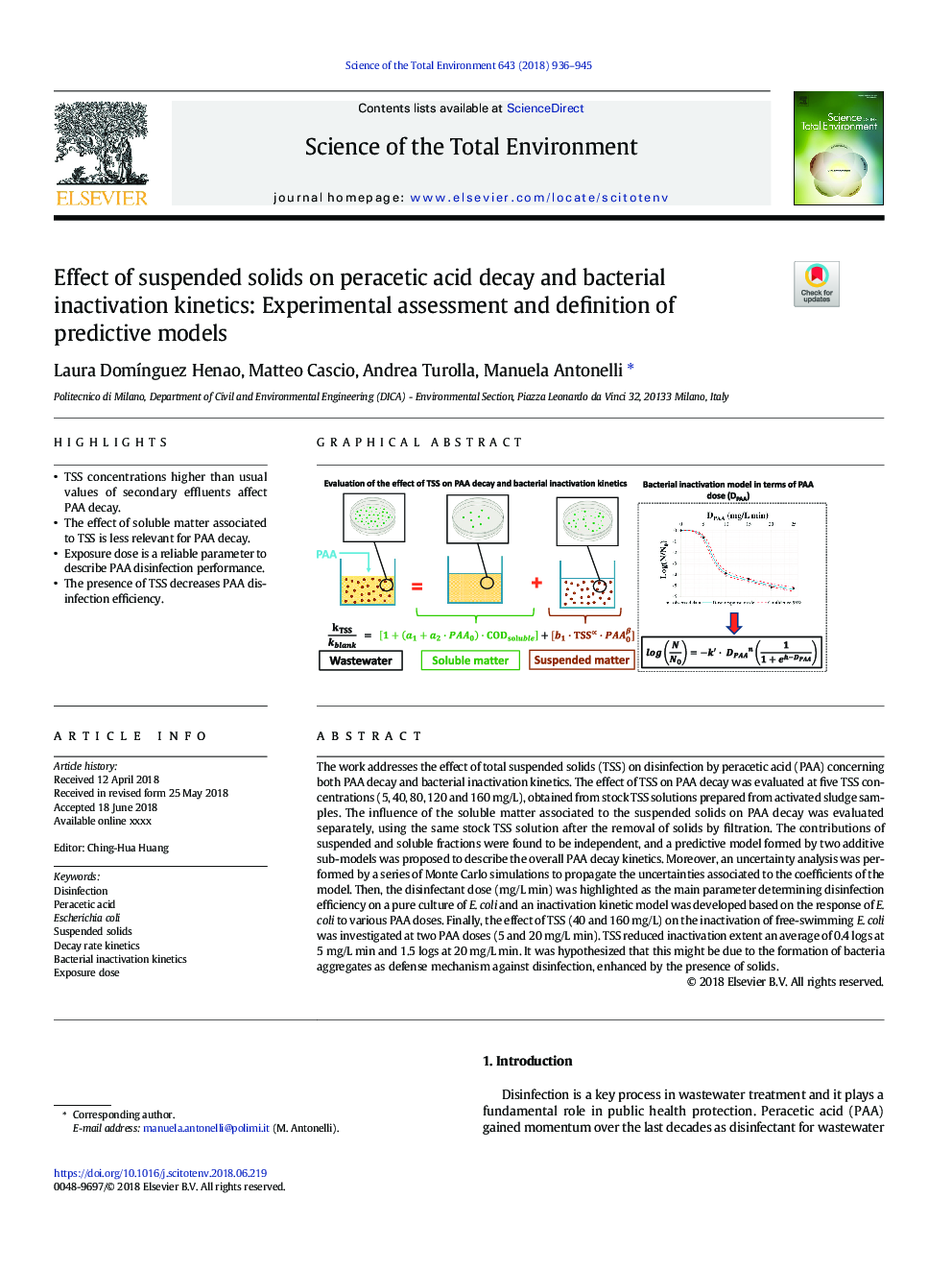 اثر مواد جامد معلق بر پراکندگی اسید پراتیک و سینتیک غیر فعال سازی باکتری: ارزیابی تجربی و تعریف مدل های پیش بینی شده 