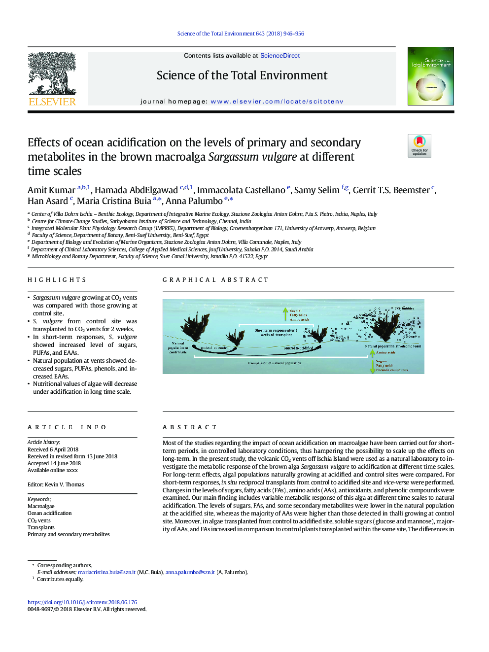 Effects of ocean acidification on the levels of primary and secondary metabolites in the brown macroalga Sargassum vulgare at different time scales