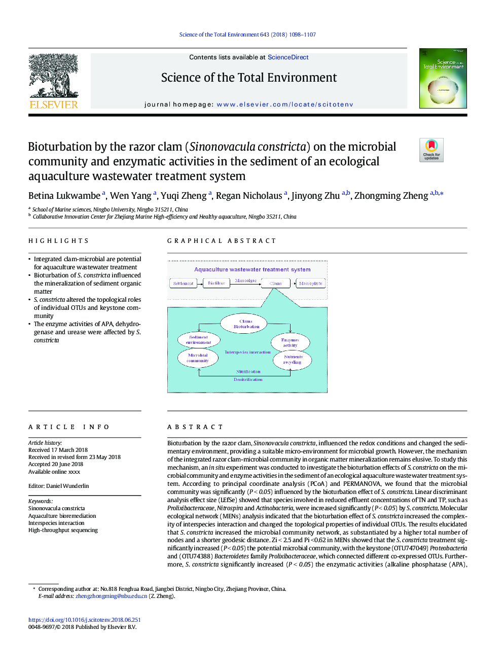 Bioturbation by the razor clam (Sinonovacula constricta) on the microbial community and enzymatic activities in the sediment of an ecological aquaculture wastewater treatment system