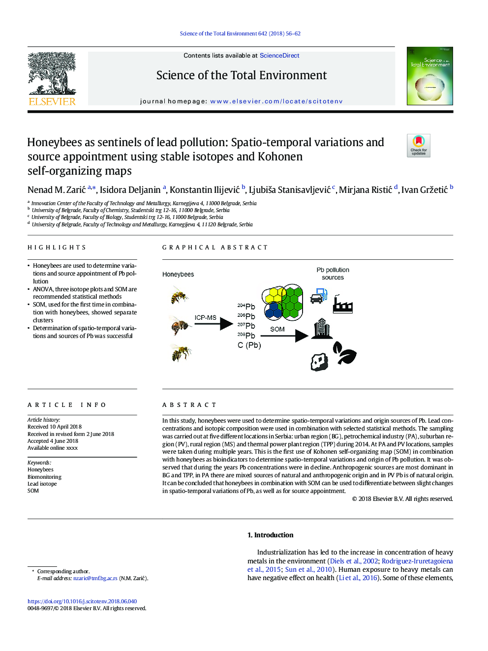 Honeybees as sentinels of lead pollution: Spatio-temporal variations and source appointment using stable isotopes and Kohonen self-organizing maps