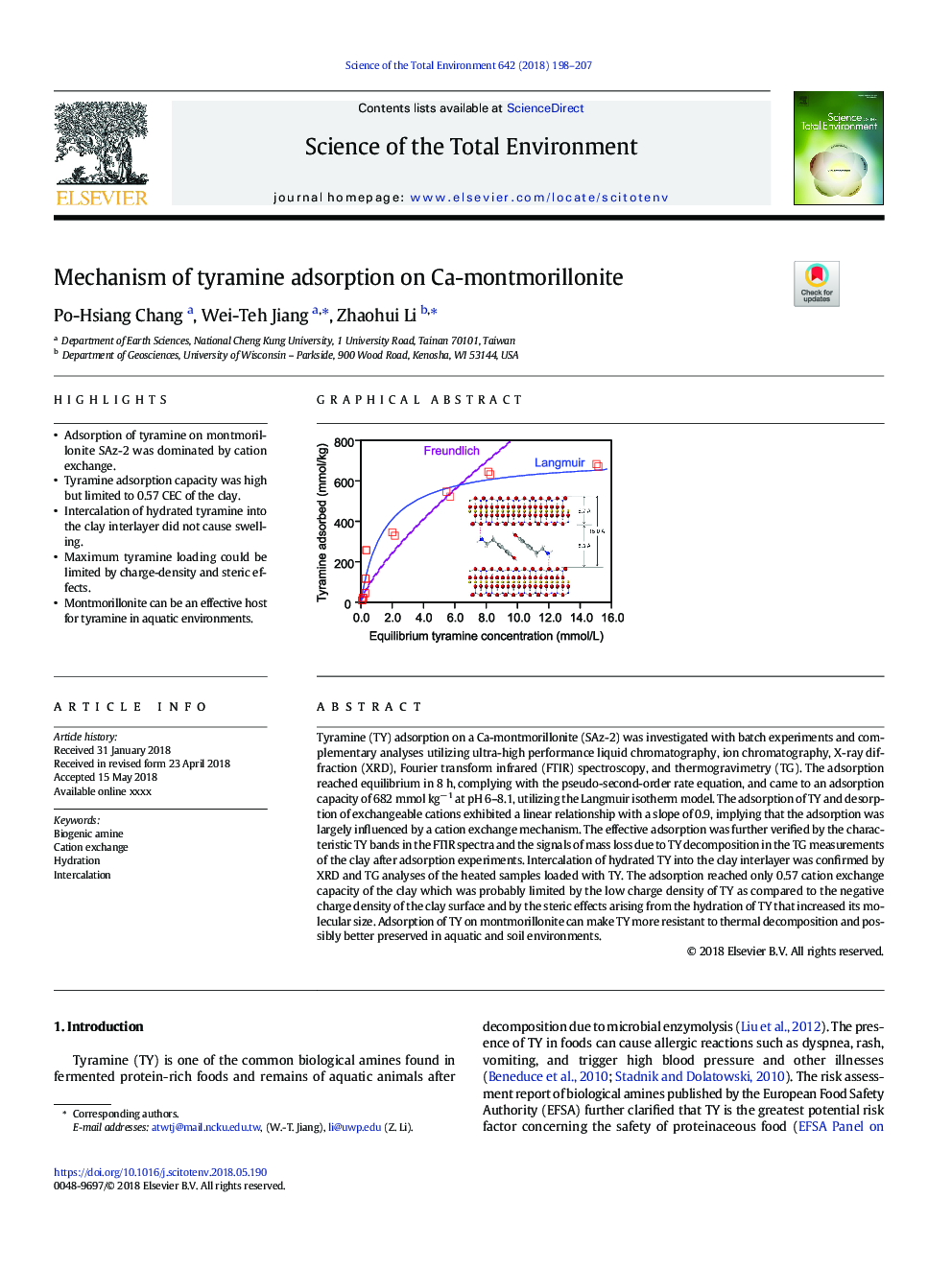 Mechanism of tyramine adsorption on Ca-montmorillonite