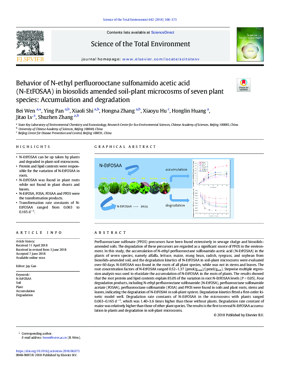 Behavior of N-ethyl perfluorooctane sulfonamido acetic acid (N-EtFOSAA) in biosolids amended soil-plant microcosms of seven plant species: Accumulation and degradation