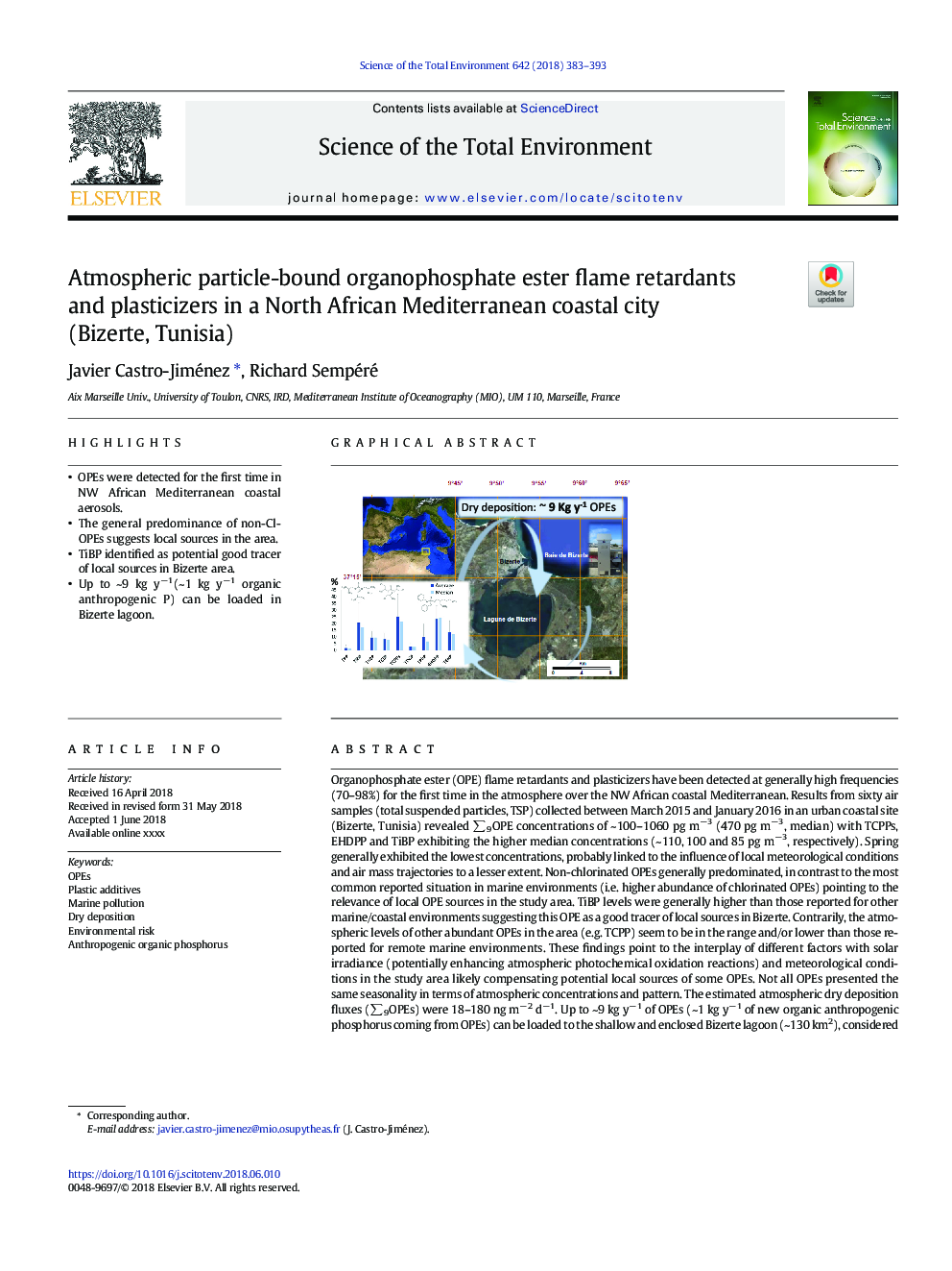 Atmospheric particle-bound organophosphate ester flame retardants and plasticizers in a North African Mediterranean coastal city (Bizerte, Tunisia)