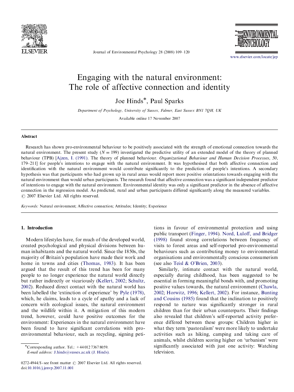 Engaging with the natural environment: The role of affective connection and identity