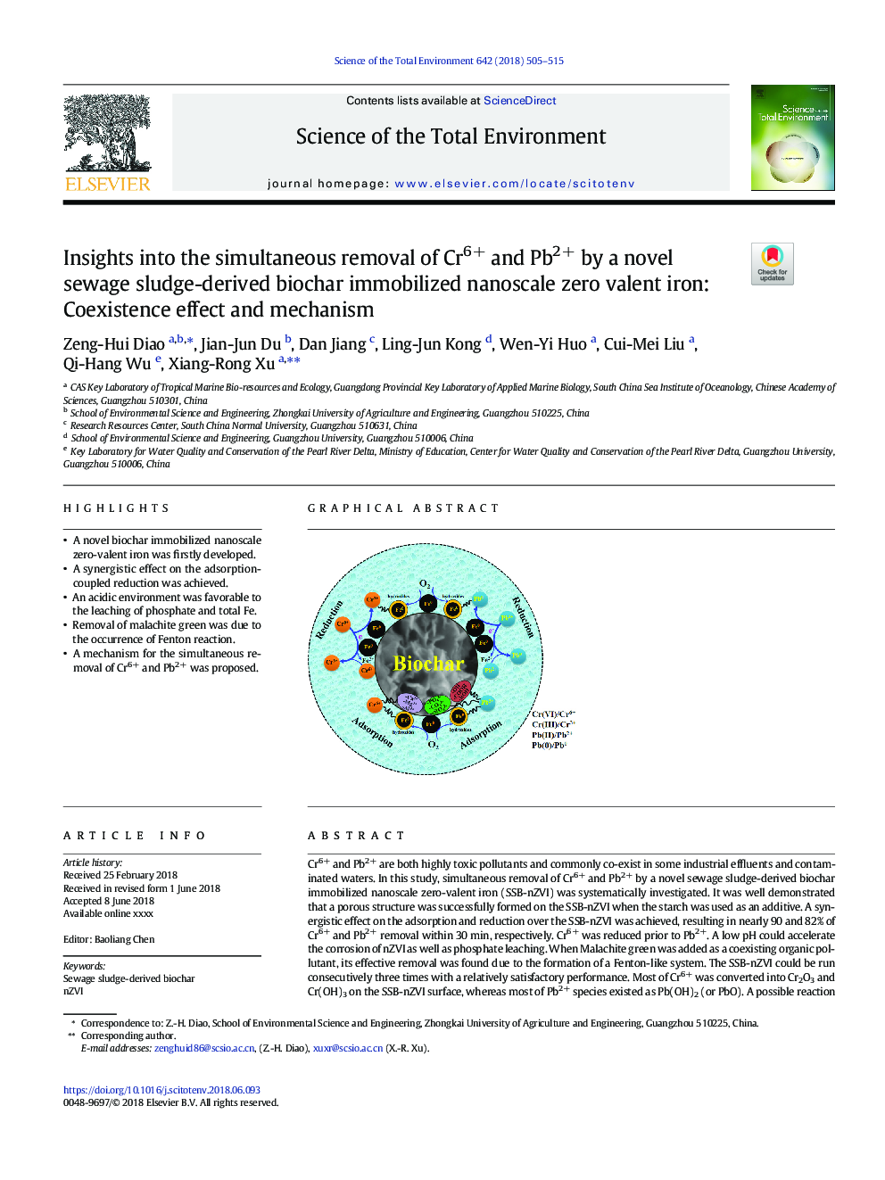 Insights into the simultaneous removal of Cr6+ and Pb2+ by a novel sewage sludge-derived biochar immobilized nanoscale zero valent iron: Coexistence effect and mechanism