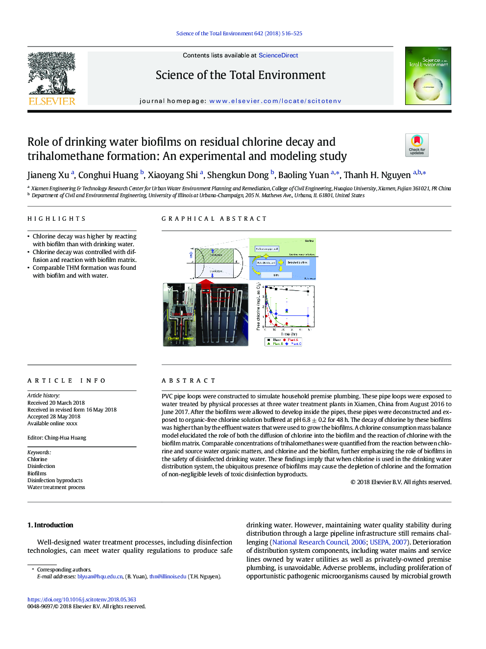 نقش بیوفیلم های آب آشامیدنی در کاهش فرسایش کلر و تولید تراهالموتان: یک مطالعه تجربی و مدل سازی 