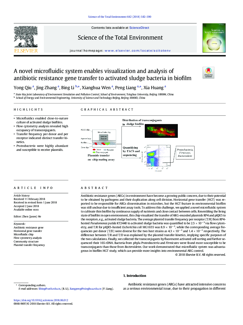 A novel microfluidic system enables visualization and analysis of antibiotic resistance gene transfer to activated sludge bacteria in biofilm