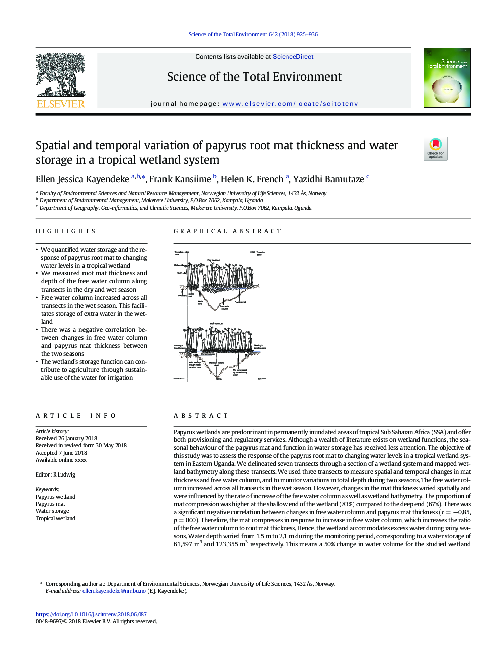 Spatial and temporal variation of papyrus root mat thickness and water storage in a tropical wetland system