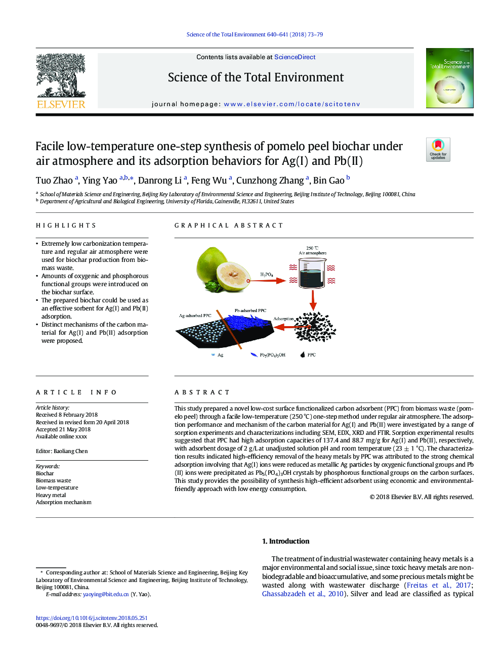 Facile low-temperature one-step synthesis of pomelo peel biochar under air atmosphere and its adsorption behaviors for Ag(I) and Pb(II)