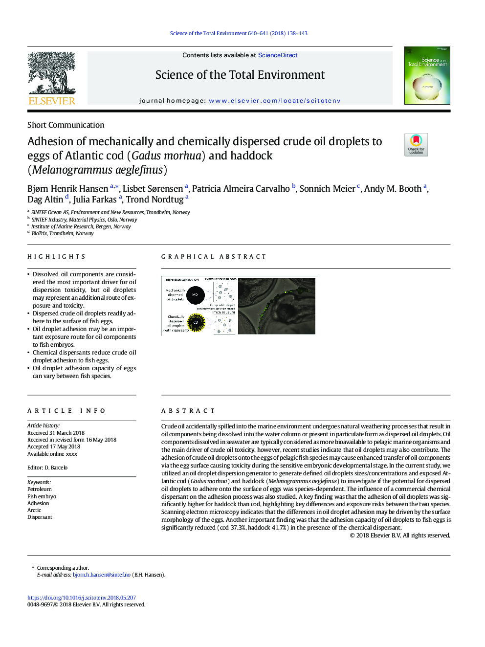 Adhesion of mechanically and chemically dispersed crude oil droplets to eggs of Atlantic cod (Gadus morhua) and haddock (Melanogrammus aeglefinus)