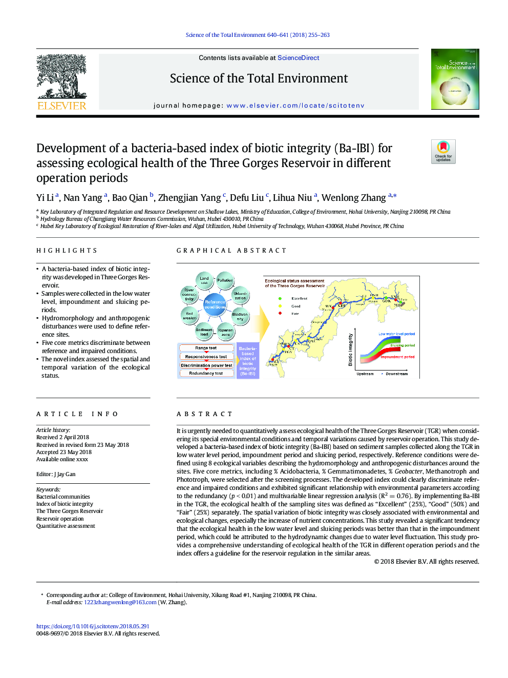 Development of a bacteria-based index of biotic integrity (Ba-IBI) for assessing ecological health of the Three Gorges Reservoir in different operation periods