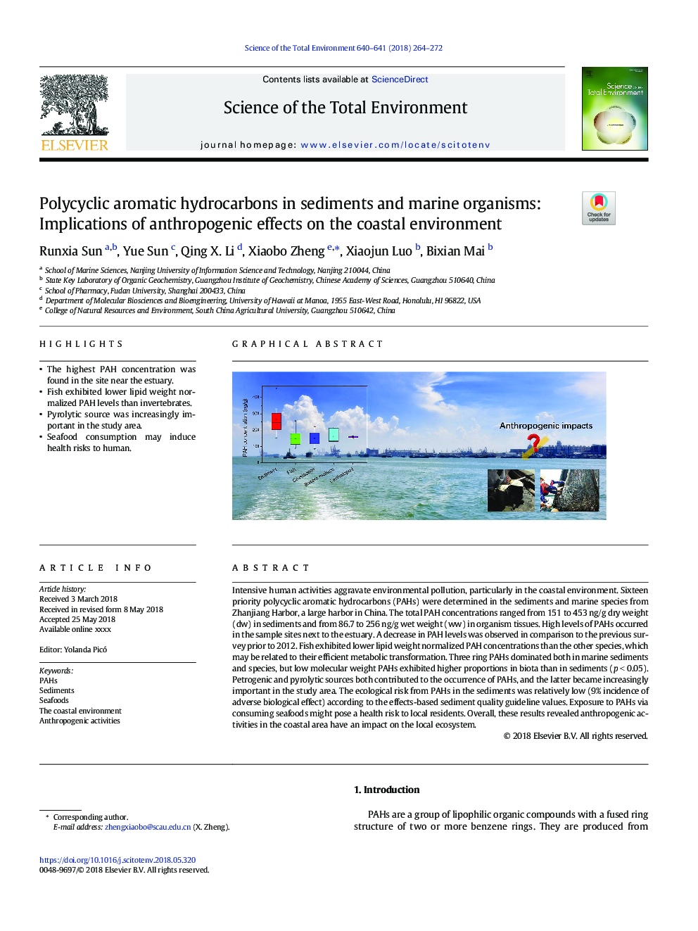 Polycyclic aromatic hydrocarbons in sediments and marine organisms: Implications of anthropogenic effects on the coastal environment