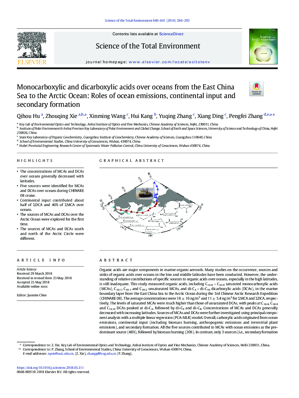 عکس صفحه اول مقاله: Monocarboxylic and dicarboxylic acids over oceans from the East China Sea to the Arctic Ocean: Roles of ocean emissions, continental input and secondary formation Monocarboxylic and dicarboxylic acids over oceans from the East China Sea to the Arctic Ocean: Roles of ocean emissions, continental input and secondary formation