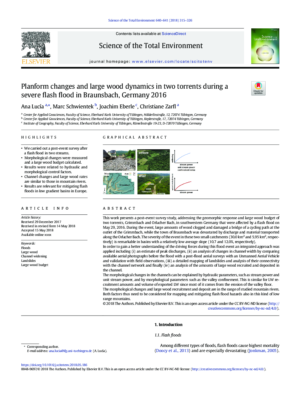 Planform changes and large wood dynamics in two torrents during a severe flash flood in Braunsbach, Germany 2016