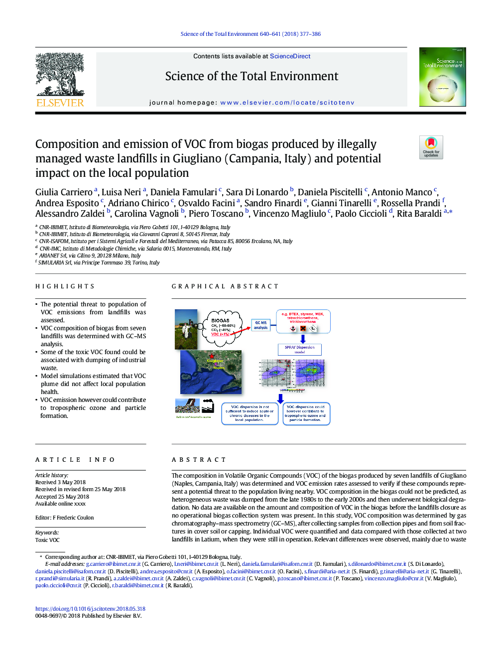 Composition and emission of VOC from biogas produced by illegally managed waste landfills in Giugliano (Campania, Italy) and potential impact on the local population