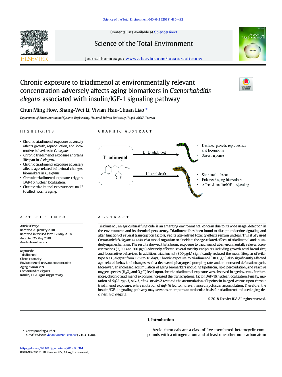 Chronic exposure to triadimenol at environmentally relevant concentration adversely affects aging biomarkers in Caenorhabditis elegans associated with insulin/IGF-1 signaling pathway