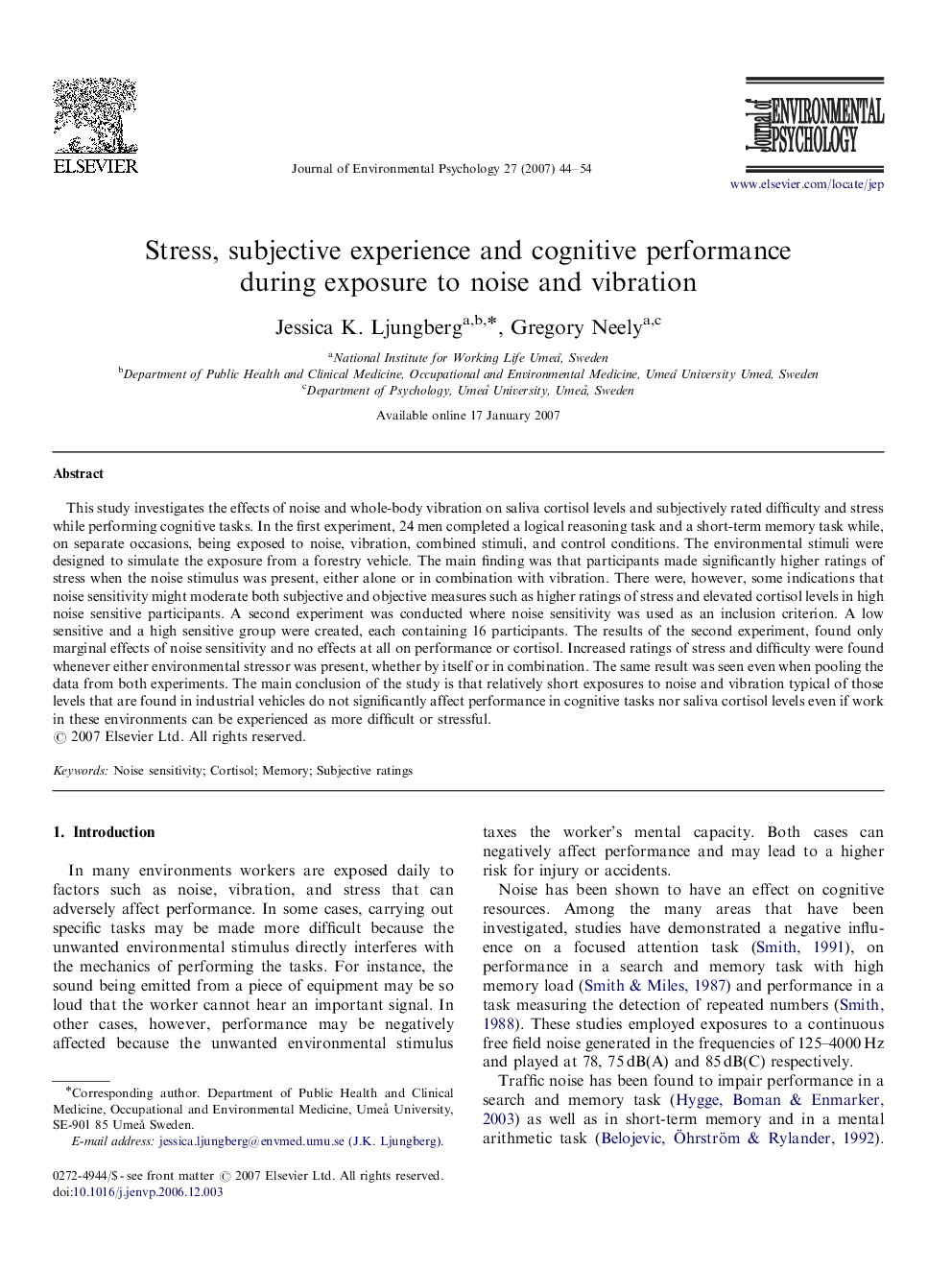 Stress, subjective experience and cognitive performance during exposure to noise and vibration