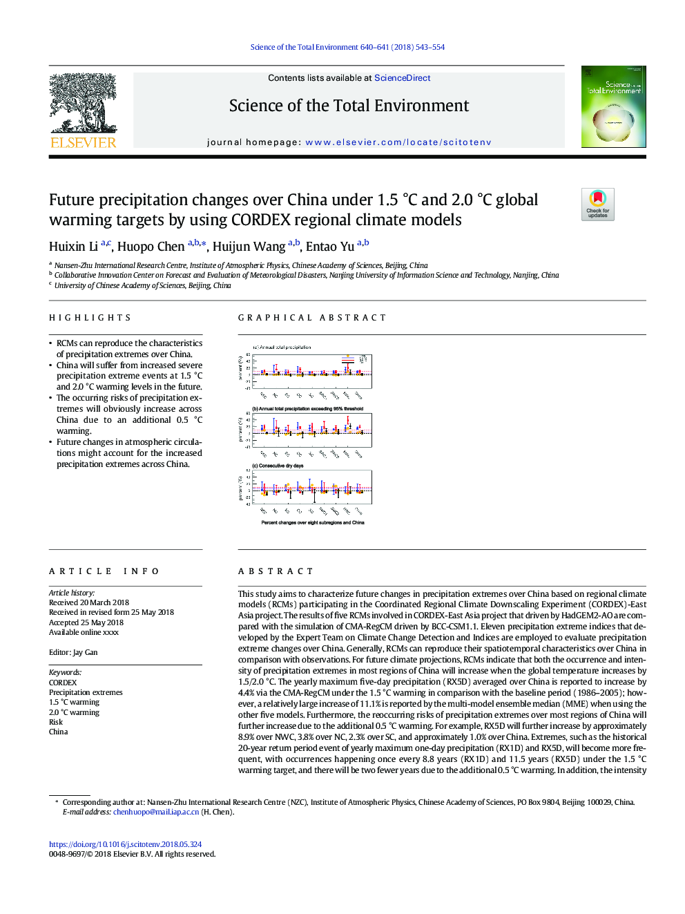 Future precipitation changes over China under 1.5â¯Â°C and 2.0â¯Â°C global warming targets by using CORDEX regional climate models