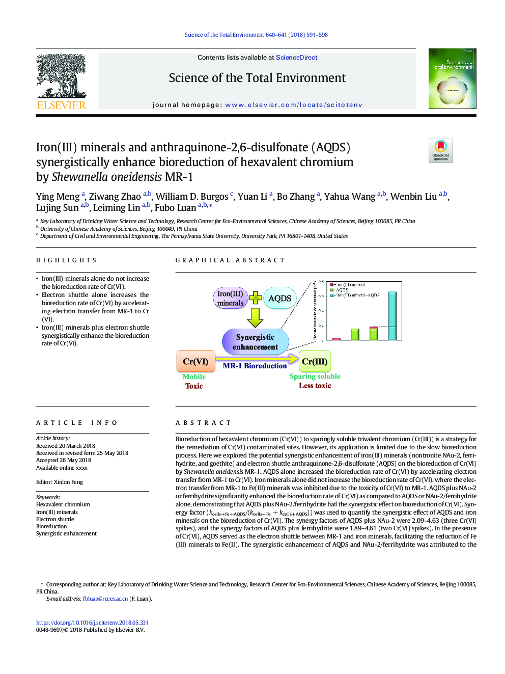 Iron(III) minerals and anthraquinone-2,6-disulfonate (AQDS) synergistically enhance bioreduction of hexavalent chromium by Shewanella oneidensis MR-1