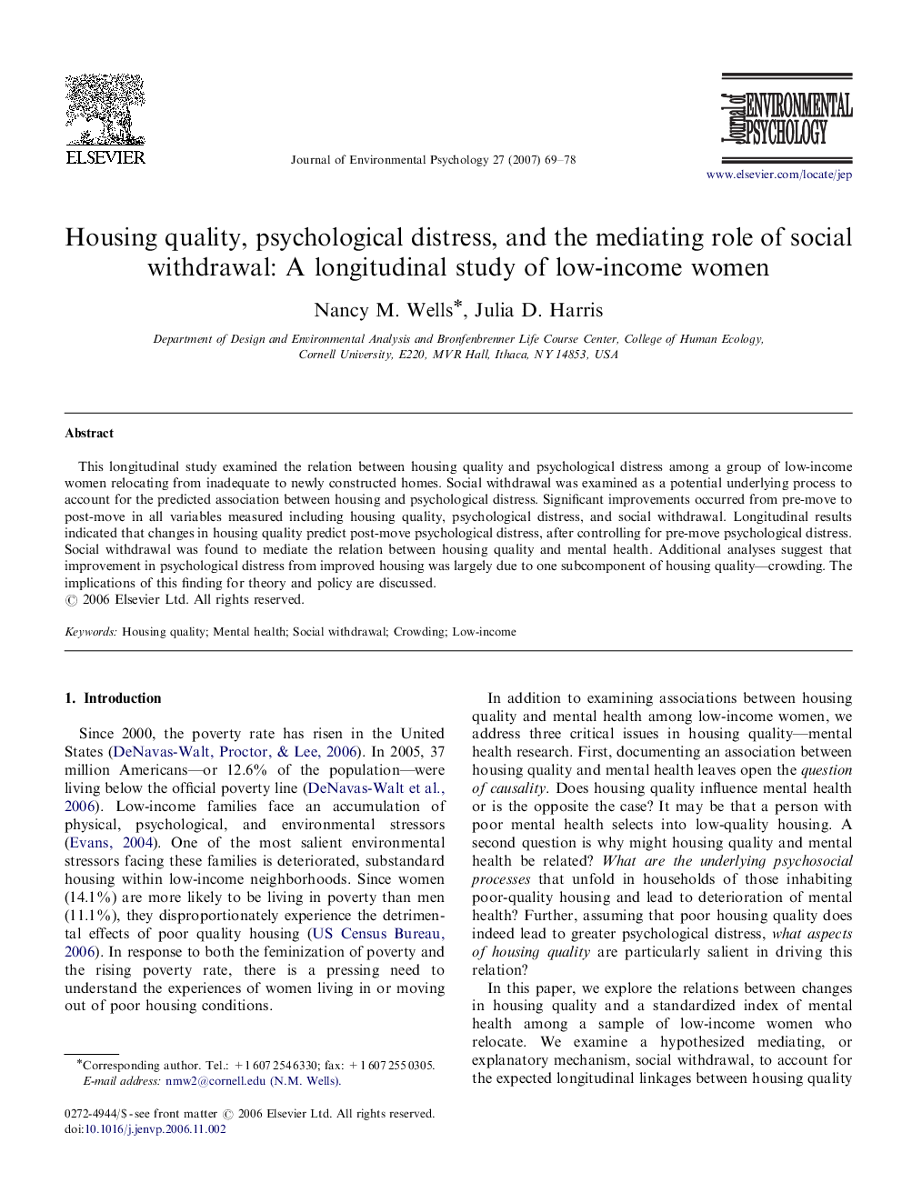 Housing quality, psychological distress, and the mediating role of social withdrawal: A longitudinal study of low-income women