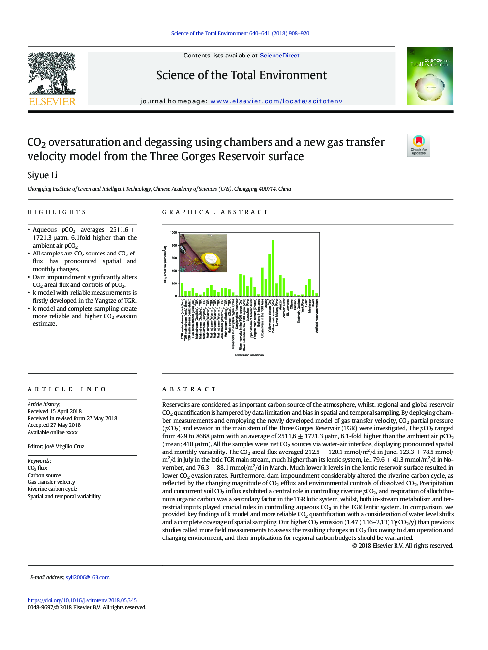 CO2 oversaturation and degassing using chambers and a new gas transfer velocity model from the Three Gorges Reservoir surface