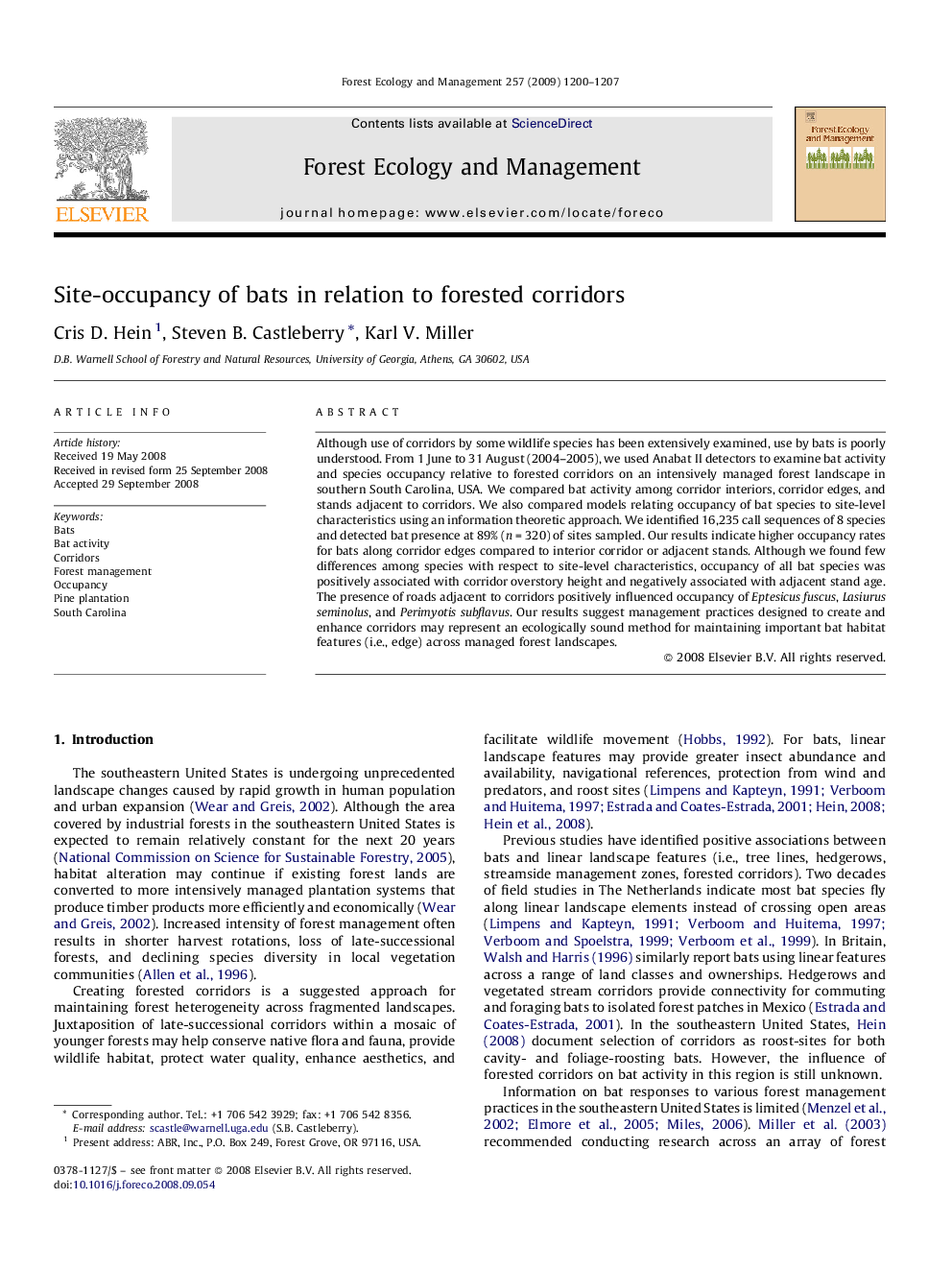 Site-occupancy of bats in relation to forested corridors