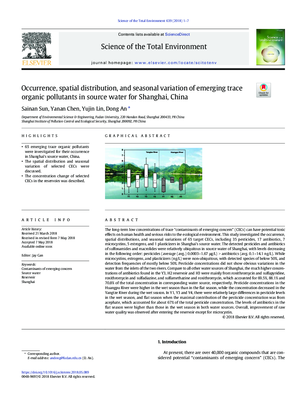 Occurrence, spatial distribution, and seasonal variation of emerging trace organic pollutants in source water for Shanghai, China
