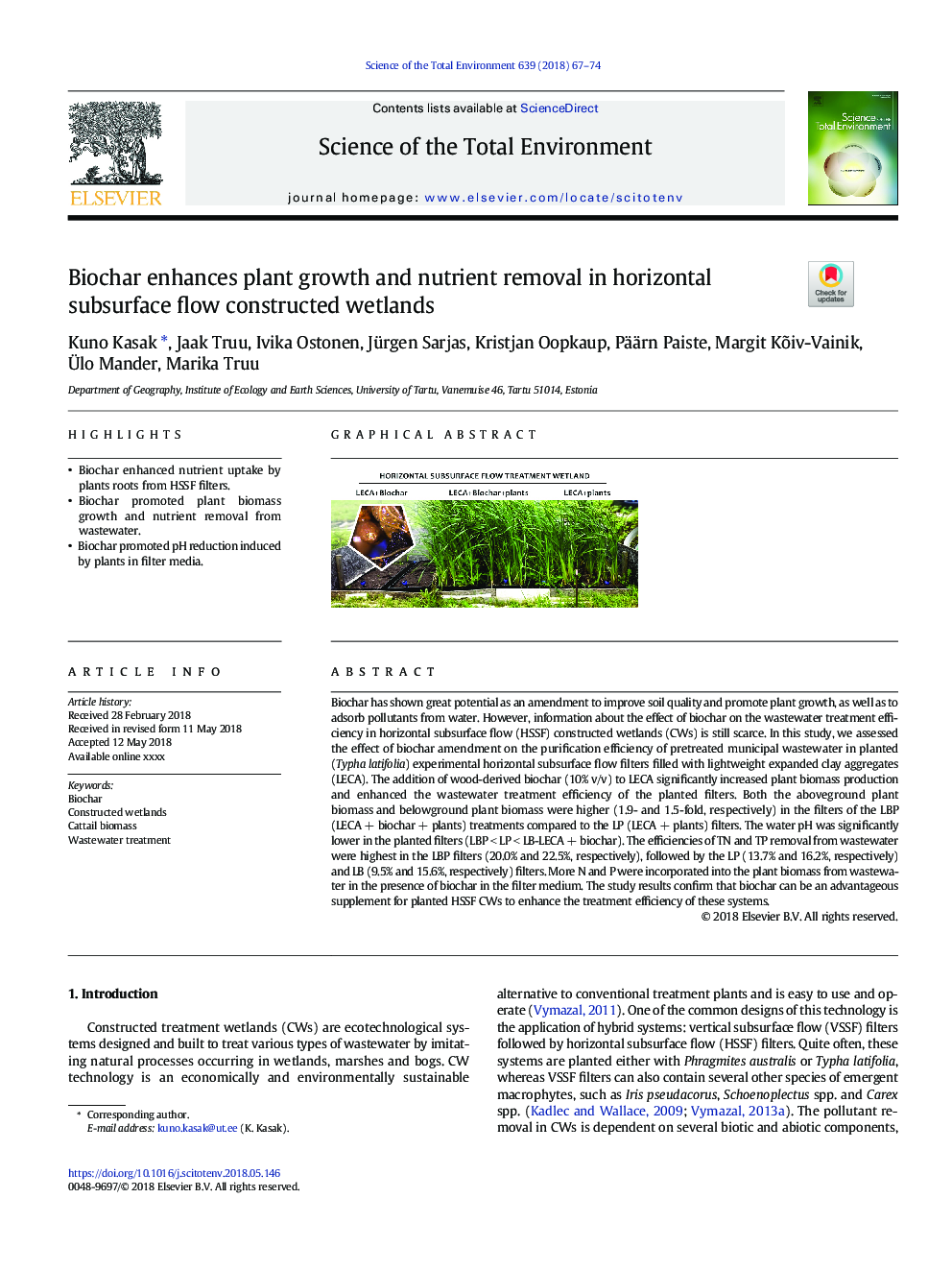 Biochar enhances plant growth and nutrient removal in horizontal subsurface flow constructed wetlands