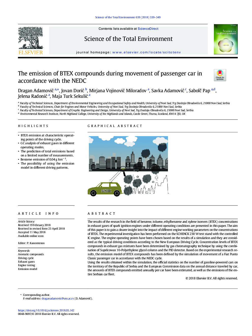 The emission of BTEX compounds during movement of passenger car in accordance with the NEDC