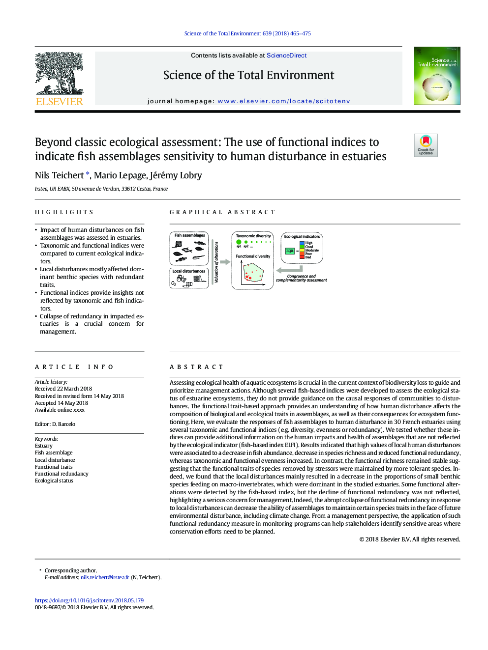 Beyond classic ecological assessment: The use of functional indices to indicate fish assemblages sensitivity to human disturbance in estuaries