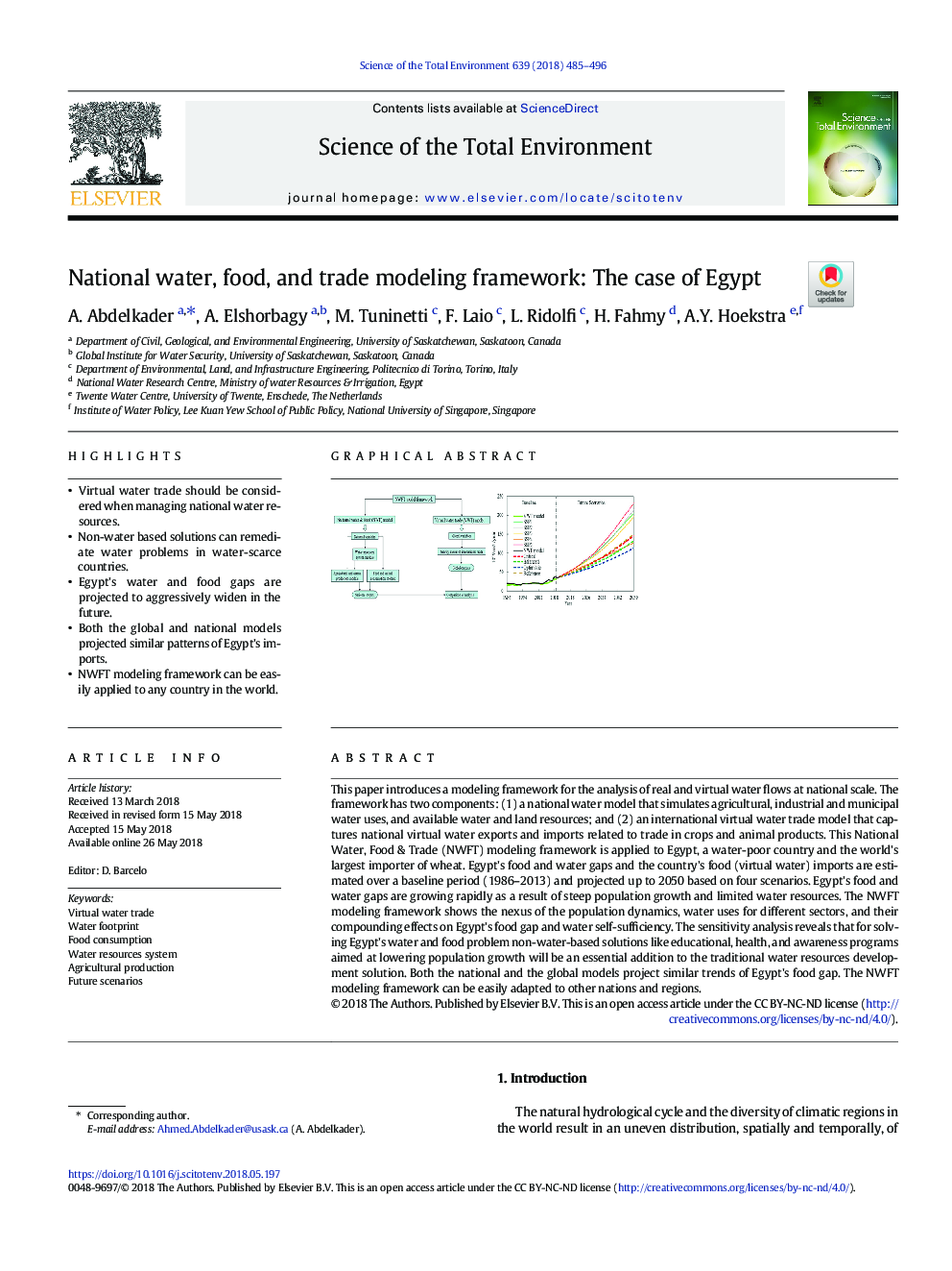 National water, food, and trade modeling framework: The case of Egypt