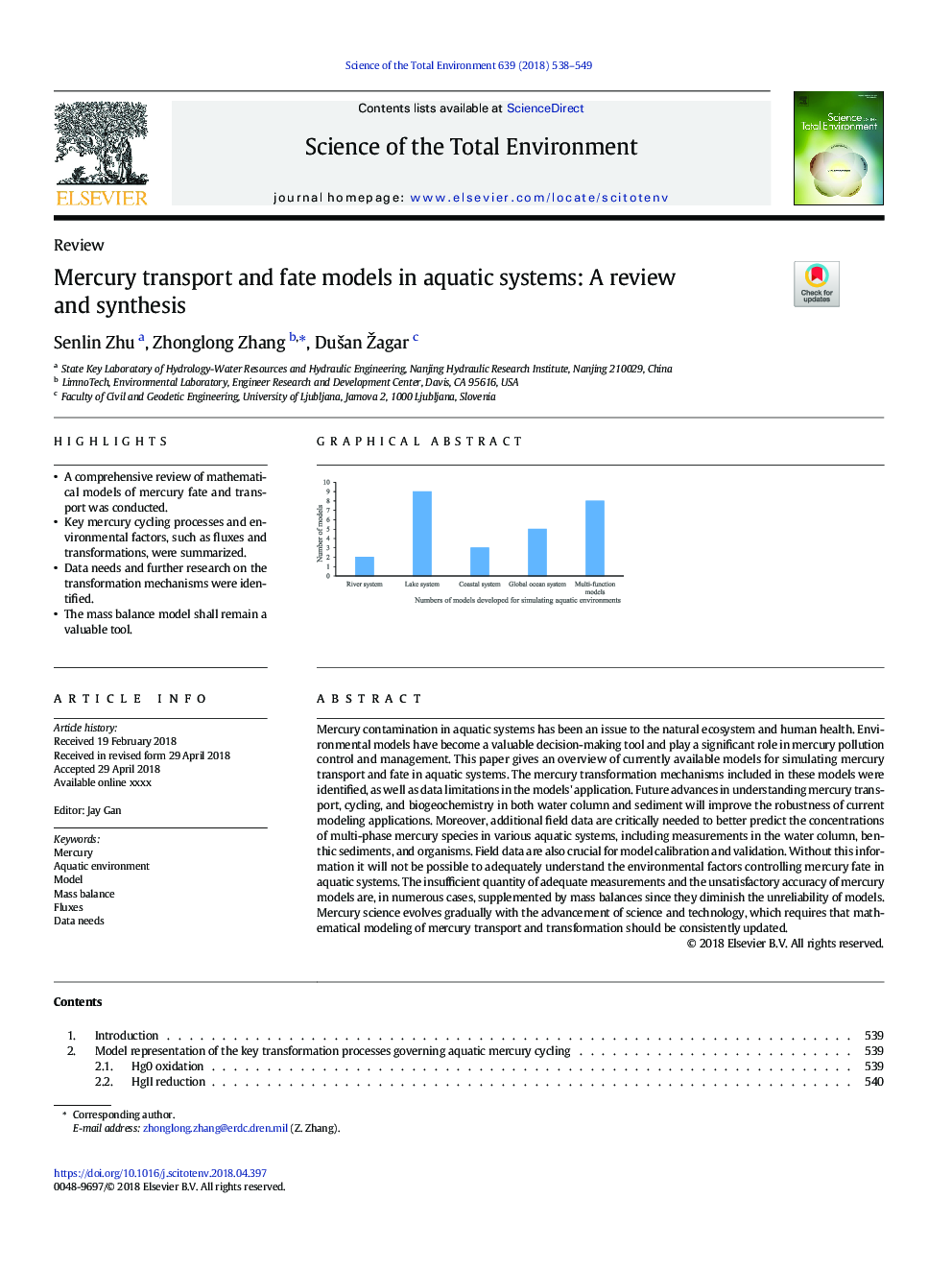 Mercury transport and fate models in aquatic systems: A review and synthesis