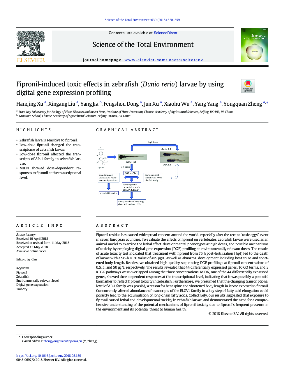 Fipronil-induced toxic effects in zebrafish (Danio rerio) larvae by using digital gene expression profiling