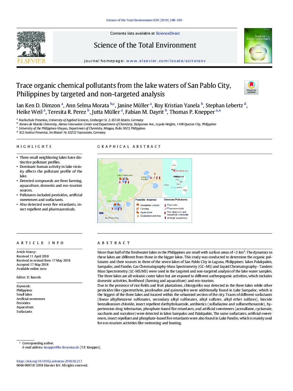 Trace organic chemical pollutants from the lake waters of San Pablo City, Philippines by targeted and non-targeted analysis