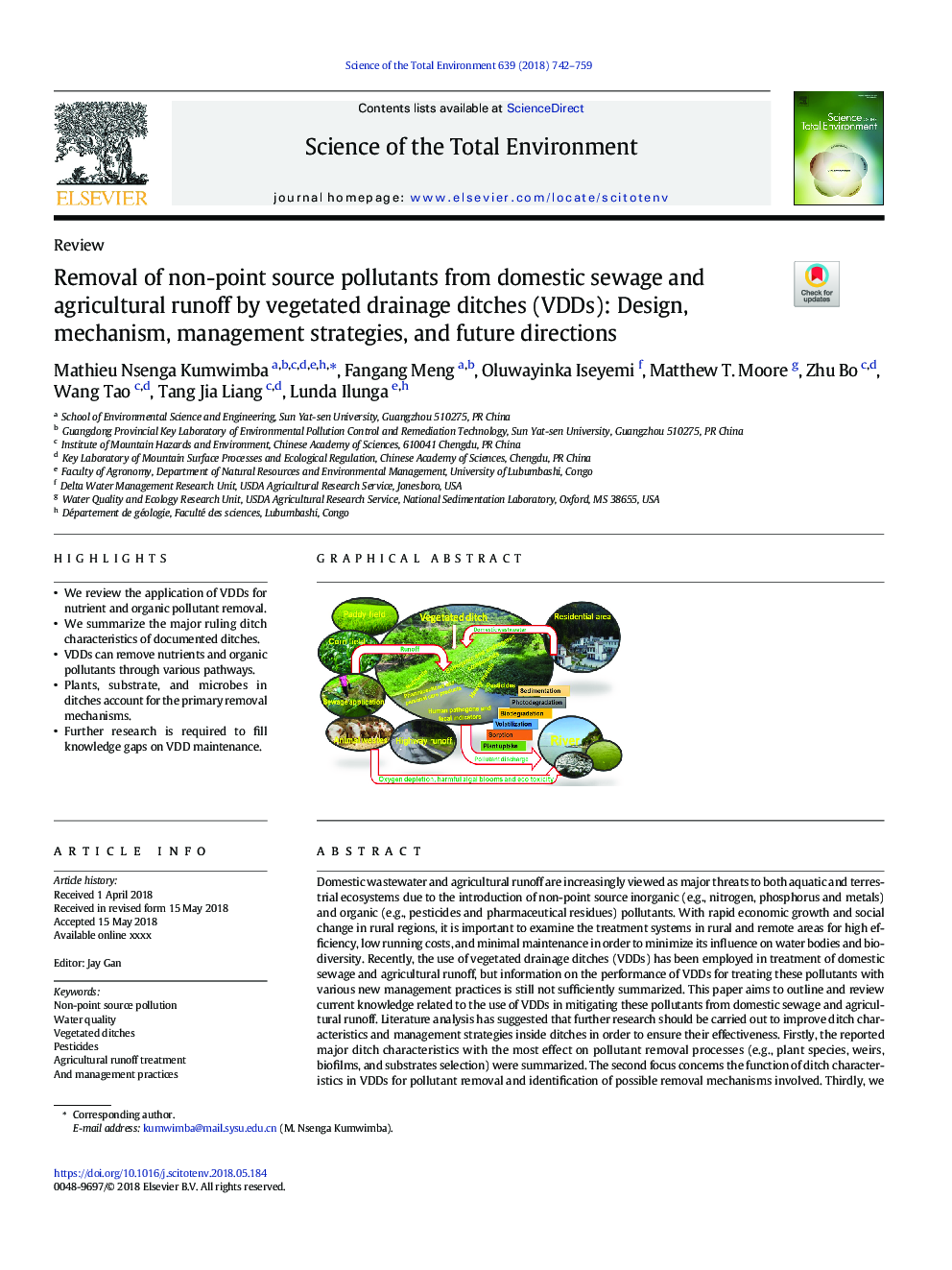 Removal of non-point source pollutants from domestic sewage and agricultural runoff by vegetated drainage ditches (VDDs): Design, mechanism, management strategies, and future directions