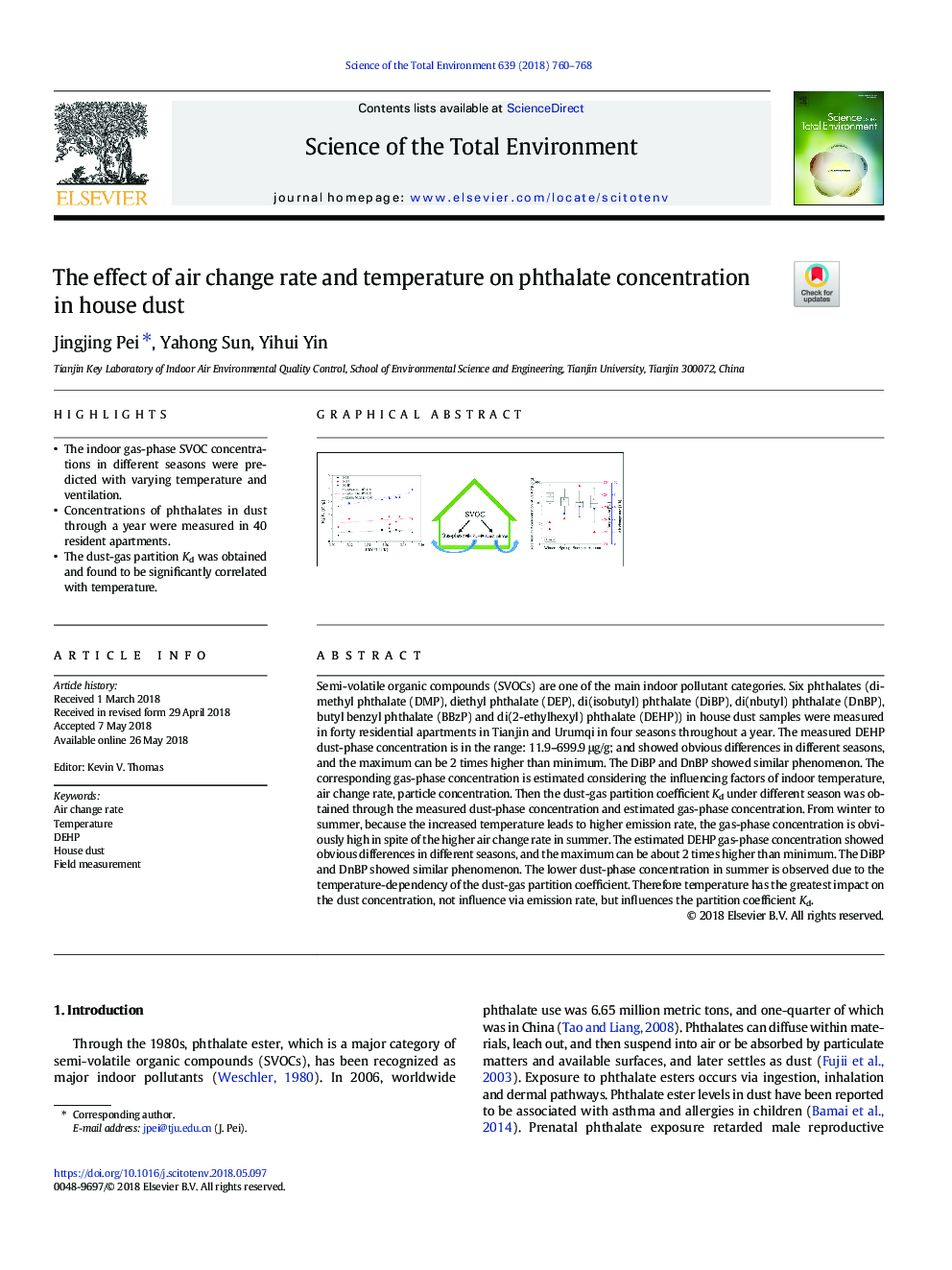 The effect of air change rate and temperature on phthalate concentration in house dust