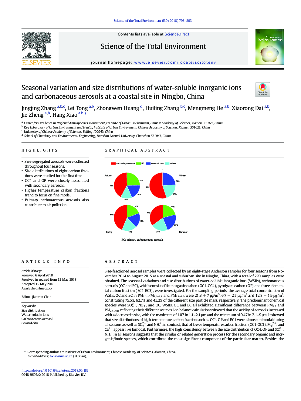 Seasonal variation and size distributions of water-soluble inorganic ions and carbonaceous aerosols at a coastal site in Ningbo, China