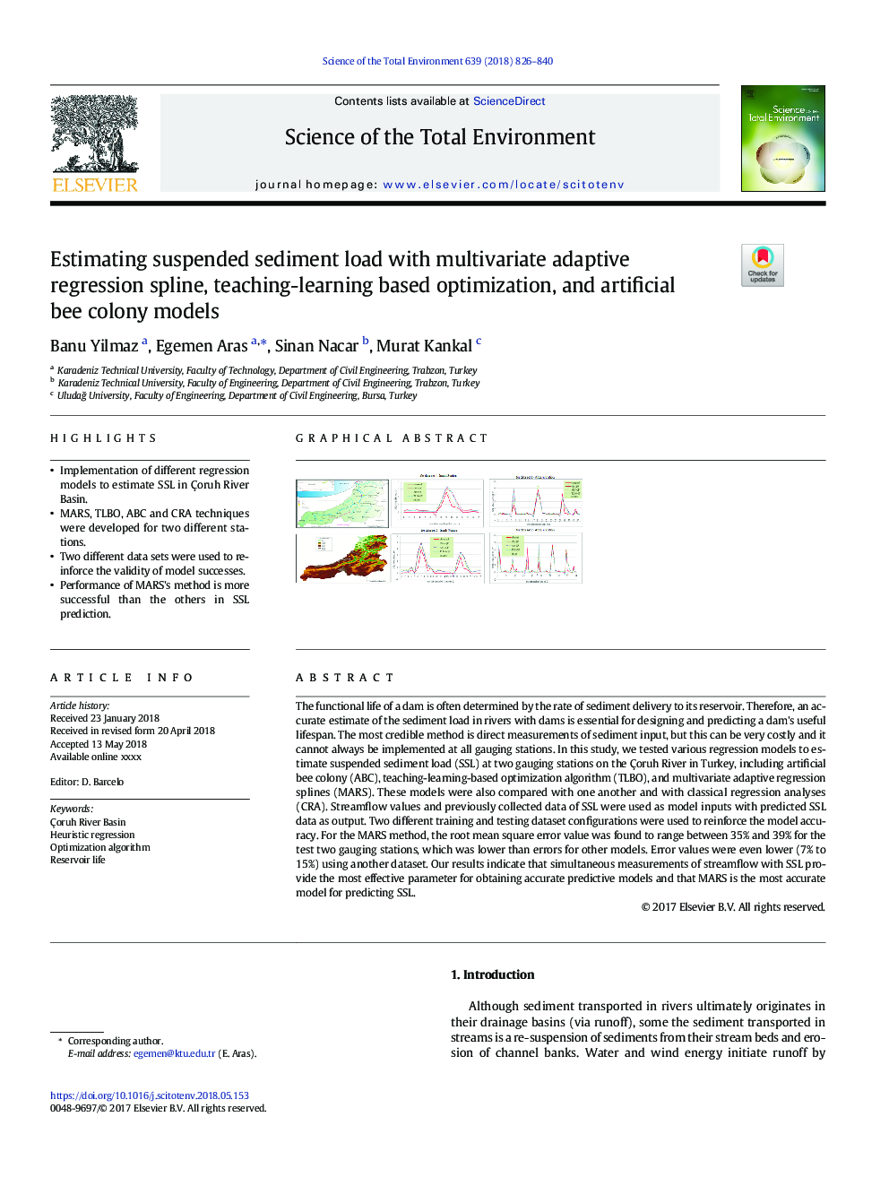 Estimating suspended sediment load with multivariate adaptive regression spline, teaching-learning based optimization, and artificial bee colony models