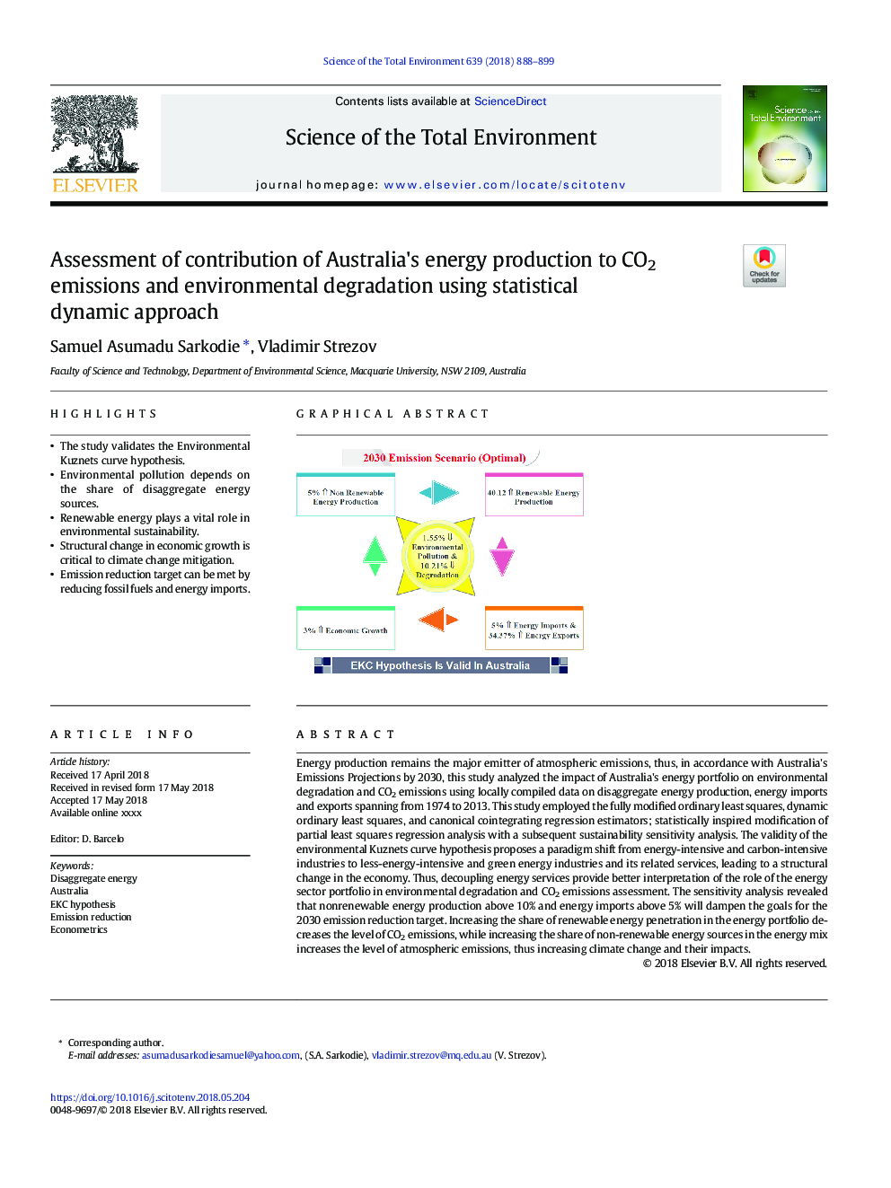 Assessment of contribution of Australia's energy production to CO2 emissions and environmental degradation using statistical dynamic approach