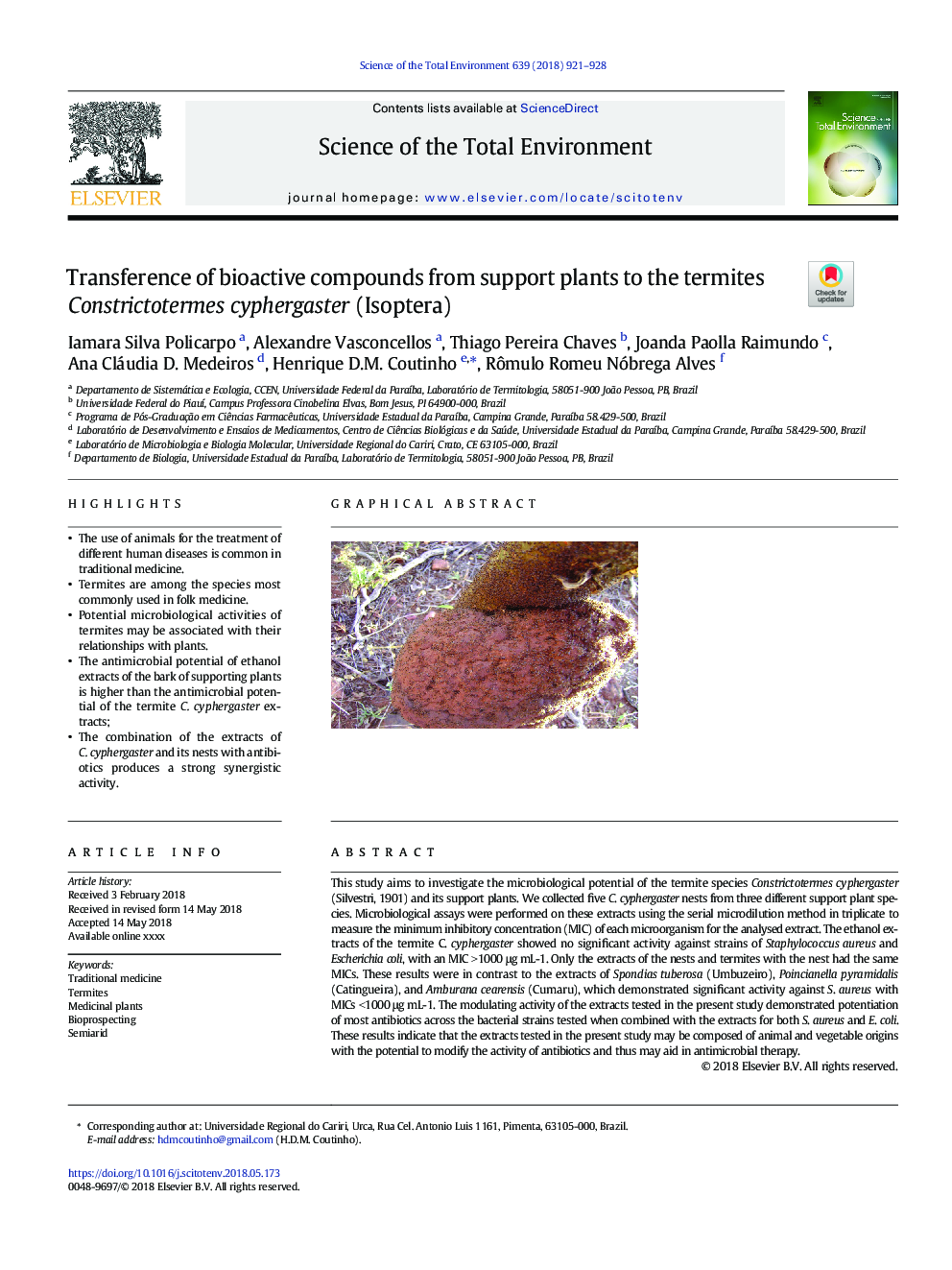 Transference of bioactive compounds from support plants to the termites Constrictotermes cyphergaster (Isoptera)