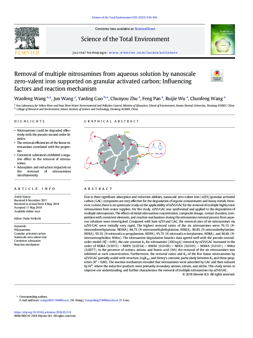 Removal of multiple nitrosamines from aqueous solution by nanoscale zero-valent iron supported on granular activated carbon: Influencing factors and reaction mechanism