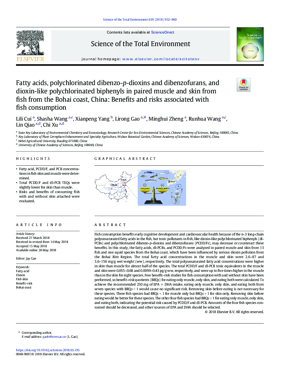 Fatty acids, polychlorinated dibenzo-p-dioxins and dibenzofurans, and dioxin-like polychlorinated biphenyls in paired muscle and skin from fish from the Bohai coast, China: Benefits and risks associated with fish consumption